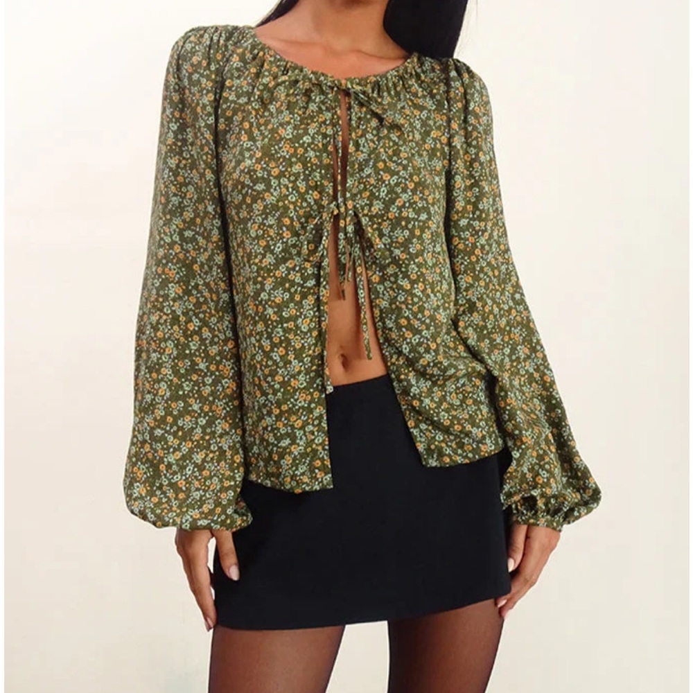 Motel Rocks Green Floral Blouse Print Summer Tie Front Long Sleeve Blouse Top M